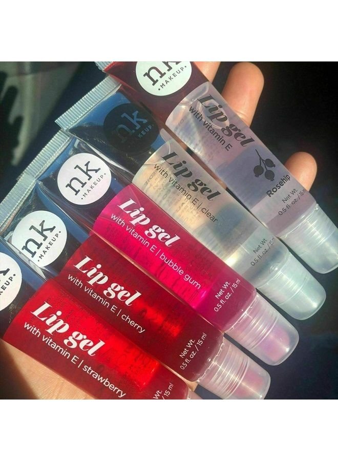 VARIETY SET OF 5 NK Hydrating Lip Gel - Vitamin E (Clear, Rosehip Oil, Bubble Gum, Cherry, Strawberry)