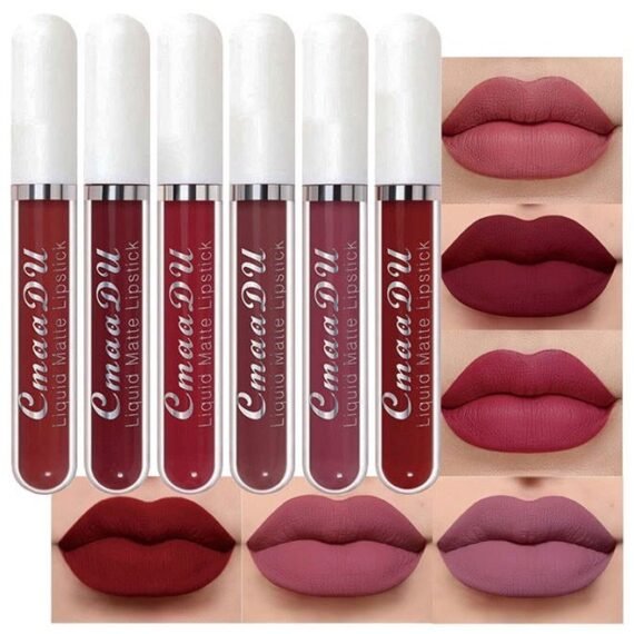 CmaaDu 6Pcs Lipstick Matte Liquid Lipstick Lipgloss Set for Women, Dark Plum Wine Rose Mauve Red Nude Pink labiales mate 24 horas originales matte larga duracion 24 Hour Lipstick A-02