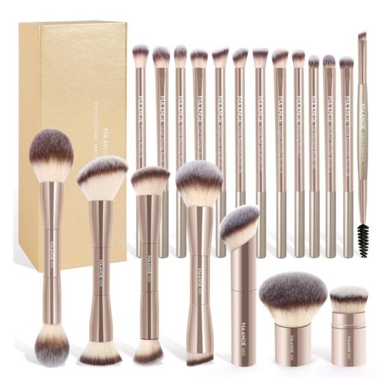 MAANGE 20 Pcs Makeup Brushes with Gift Box, Double-End Multi-functional Makeup Brushes for Blending Liquid Powder Concealer Cream Blush Buffe,Champagne