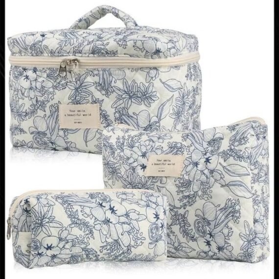 3 pcs Women Makeup Bag Set Quilted Floral Coquette Aesthetic Make up Bags Travel Cosmetic Bags Toiletry Organizer Bag Navy Blue Flower Cosmetic Bag with a Top Handle