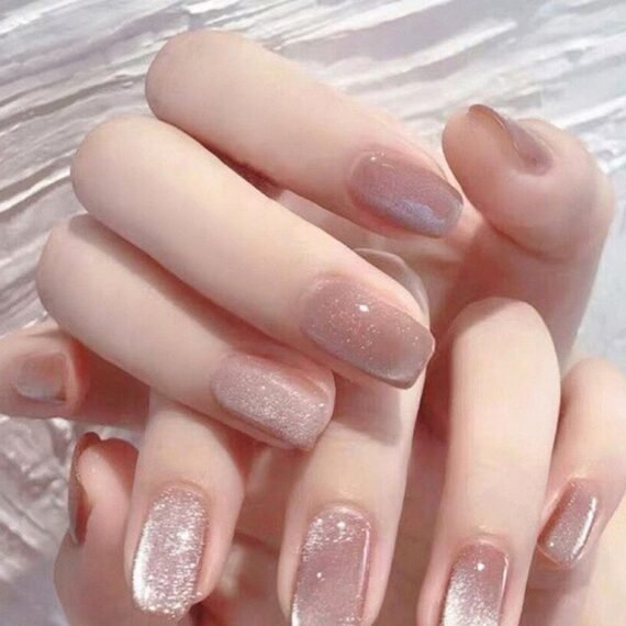 Fake Nails Pink Glitter Ombre Catpaw French Press-On Manicure Reusable Eco-Friendly 24 Pcs Set with Jelly Glue Long-Lasting Shine
