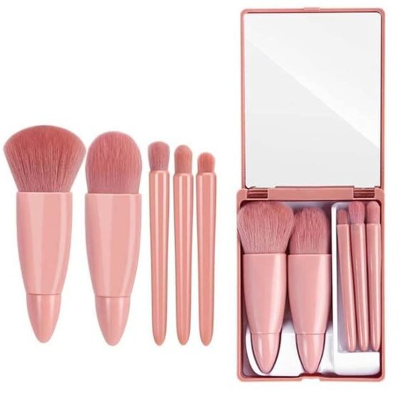 Portable 5Pcs Travel Makeup Brush Set with Mirror Lip Blending Powder Eyeshadow Brush Multicolor