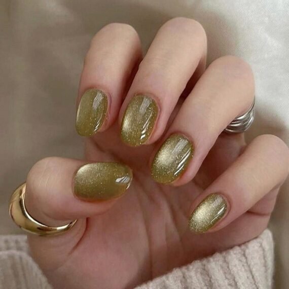 24Pcs Fake Nails, Press Nails,Short Ballet Nails - Cat's Eye Short Oval Manicure - Osman thus Yellow Shiny Nail Art - Fake Nail Patch