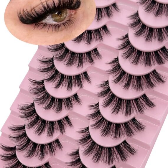 (10 Pairs )Soft Curly False Lashes,Reusable Natural Eyelash Simulation Curl False Eyelash Natural Look Fluffy Cat Eye Wispy Lashes for Make up