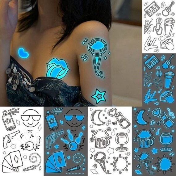 Glaryyears Glow in the Dark Tattoos Makeup for Adults, 80+ Blue Color 12 Pack Fake Body Tattoo Stickers, Charming Accessory for Women Men in Party Favors Supplies Pub Nightclub Music Festival