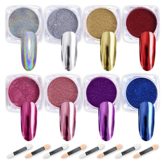 Nail Powder 8 Colors 1g/Jar Holographic Chrome Mirror Laser Synthetic Resin Pigment Manicure Art Pigment Manicure Powder for Nails with 8 Eyeshadow Sticks