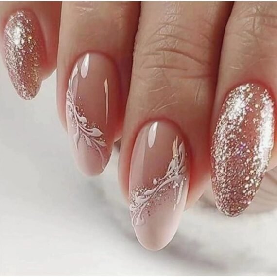 Champagne Nude Glitter Floral Press On Nails | 24PCS Reusable ABS Material | Handcrafted 3D Floral Design | Glossy Mirror Finish | Long Lasting Scratch Resistant Waterproof | Lightweight Natural Fit | No Glue Needed | Perfect for Wedding Party & Daily Wear