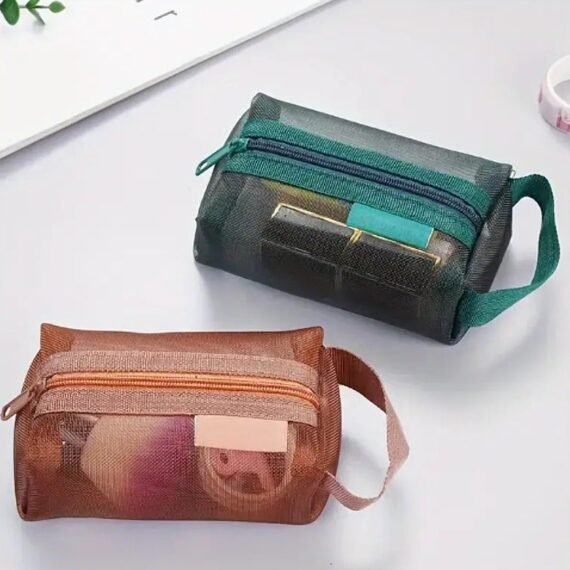 2-Piece Set of Simple Nylon Three-Dimensional Square Mesh Coin Purse, Large Capacity Key Bag, Card Holder, Transparent Storage Bag