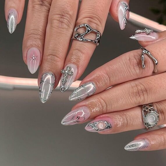 24Pcs Fake Nails, Press Nails, Long Almond Manicure - Gradient Pink Starlight Heart Nail Art - Three-dimensional Droplet Manicure - Fake Nail Patch