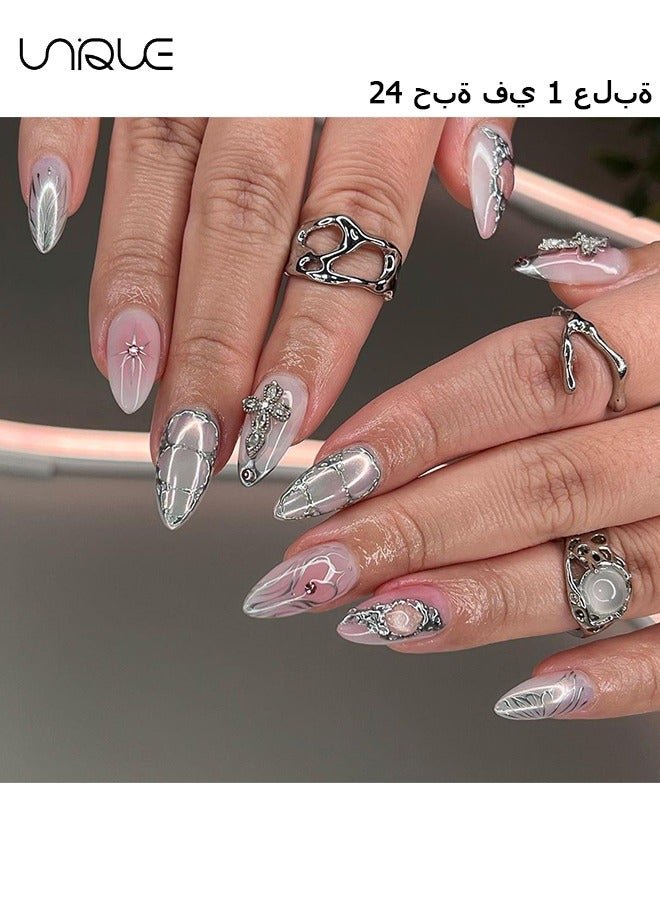 24Pcs Fake Nails, Press Nails, Long Almond Manicure - Gradient Pink Starlight Heart Nail Art - Three-dimensional Droplet Manicure - Fake Nail Patch