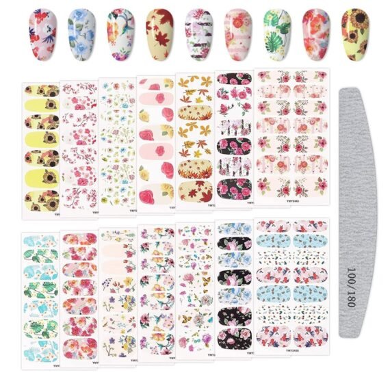 Full Wraps Nail Polish Stickers, 14 Sheets Flowers Nail Stickers Decals Nail Design Stickers Colorful Flower Print Self-Adhesive with Nail File for Fingernails Decor Manicure