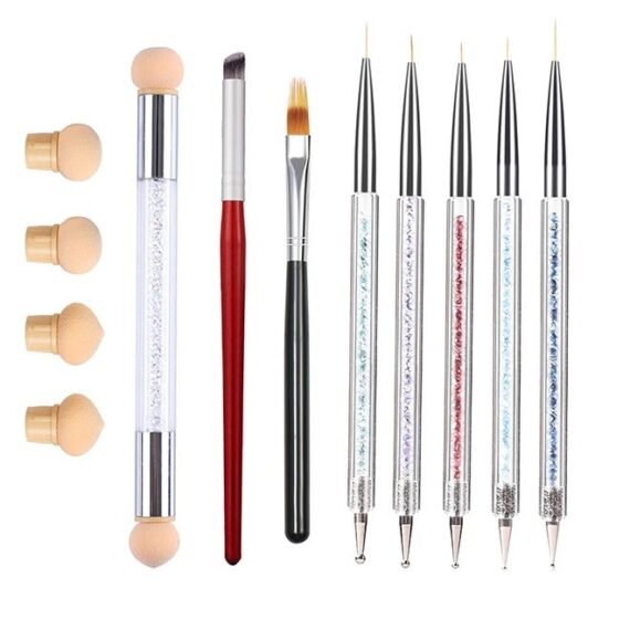 12PCS Nail Art Brushes Set Ombre Nail Brush Dotting Pen Nail Art Liner Brushes UV Gel Painting Acrylic Nail Brush Set Sponge Nail Brush Nail Gradient Brush Nail Point Drill Drawing Pen Tools Set