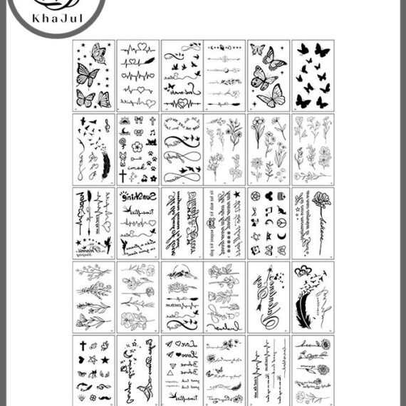 30-Sheets Waterproof Temporary Tattoo Stickers, Butterfly Love Heartbeat Anchor Text Line Flower for Kids Adults Men and Women - Black