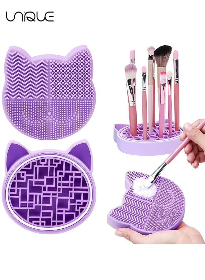 2 in 1 Design Makeup Brush Cleaning Mat with Brush Drying Holder, Silicon Cat Shaped Brush Cleaner Pad & Cosmetic Brush Organizer Rack, Portable Washing Tool for Makeup (Purple)