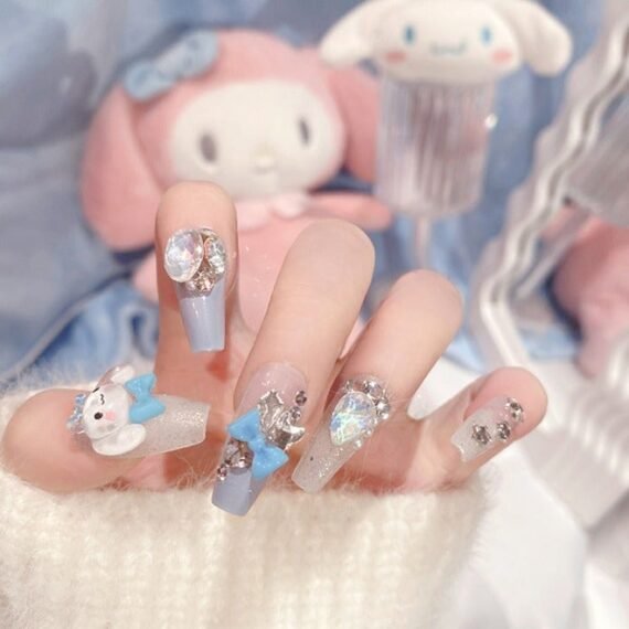 24 Pcs Fake Nails - Mid-length Ballet Manicure - Shiny Blue Cinnamon Dog Manicure - Three-dimensional Diamond Bow Star Manicure - Fake Nail Patch