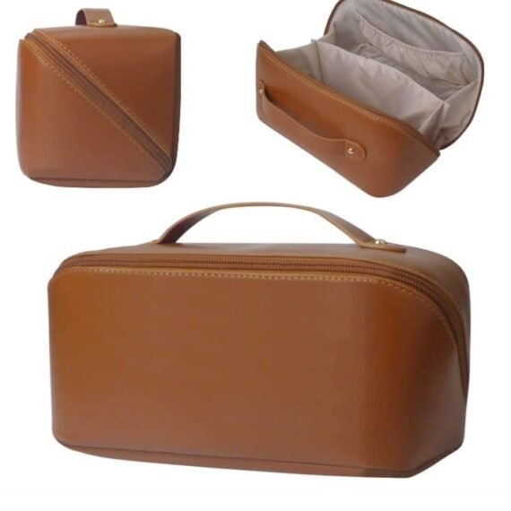 Large Capacity Travel Cosmetic Bag, Waterproof Open Flat Travel Make up Bag Portable PU Leather Everything Cosmetics Bag Brown