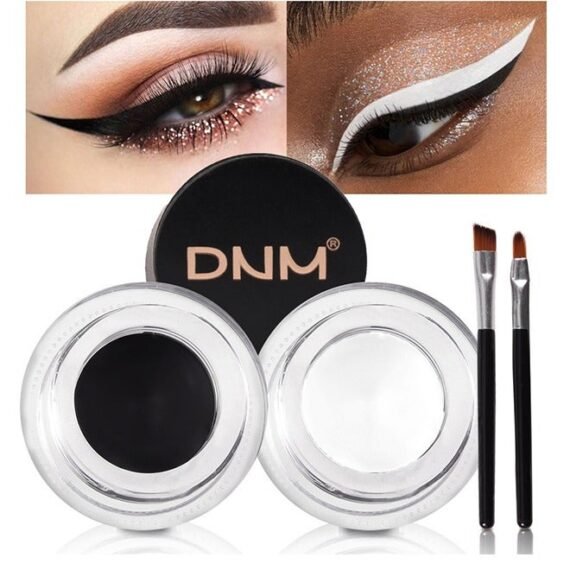 Dam，2 in 1 Black and White Gel Eyeliner Set Water Proof Smudge Proof, Last for All Day Long, Work Great with Eyebrow, 2 Pieces Eye Makeup Brushes Included