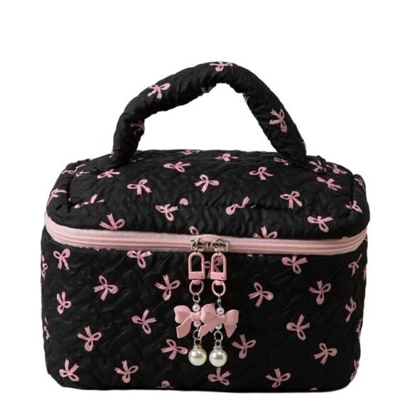 Charming Black Pink Bowknot Cosmetic Bag, Portable Makeup Organizer with Pearl Decorations for Women, large, 23*16*16cm