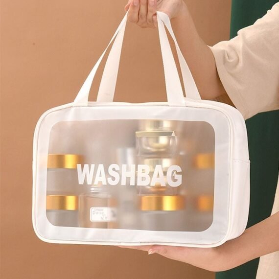 Translucent Waterproof Makeup Cosmetic Bag Travel Organizer for Accessories, Portable PVC Wash Bag Travel Business Vacation Bathroom Organizer（White-L)