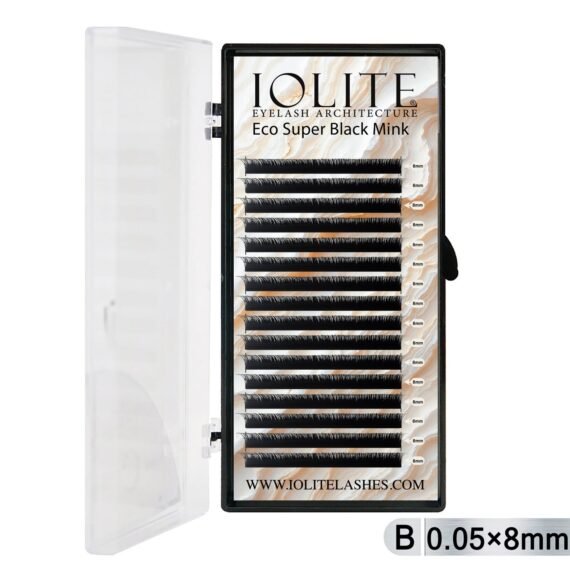 Iolite Super Black Mink Lash Extensions – B Curl 0.05T Mix (6mm–15mm) | Premium Black Mink Eyelash Extension Tray for Lash Artists ISBMB5T - 8MM