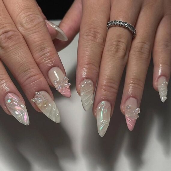 24Pcs Fake Nails, Press Nails, Long Almond Manicure - Shiny Pink Pearl Water Ripple Manicure - 3D Butterfly Manicure - Fake Nail Patch