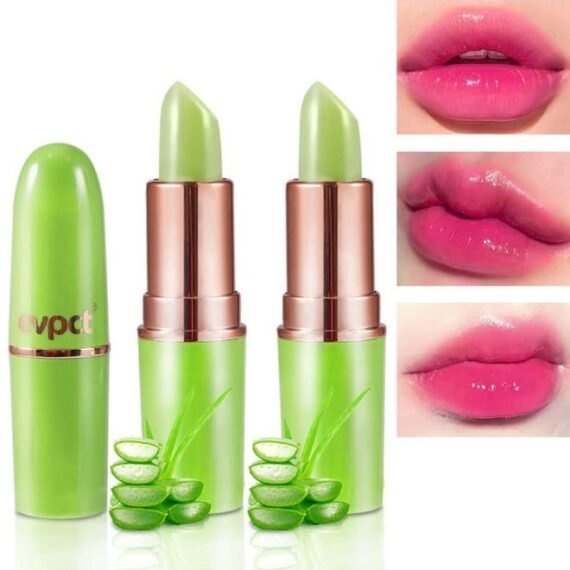 2Pcs Aloe Vera Lip Color Changing Lipstick Tinted Lip Balm Set Green Magic PH Lipstick Color Change Changing Crystal Flower Jelly Lipstick Gloss Stain Makeup Set for Women Girls Waterproof