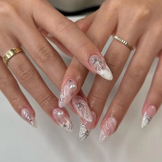 24 Pcs Fake Nails - Press Nails - Long Almond Manicure - Star Butterfly Knot Manicure - 3D Heart Glitter Manicure - Fake Nail Patch