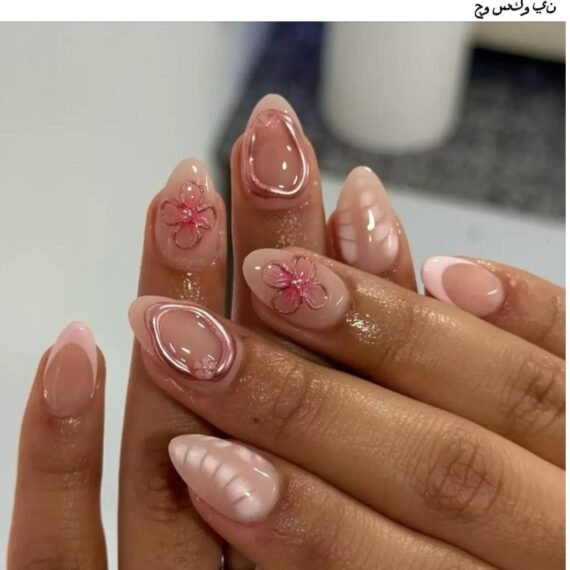 Press on nails,24Pcs, Short Almond-Shaped Press-On Nails,French Pink Manicure with Delicate 3D Flower Accents, Acrylic Nails With Glue Kit.