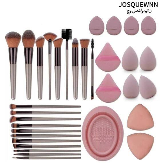 Makeup Brush Set 33Pcs Makeup Tool Set, Premium Synthetic Foundation Powder Concealers Eye Shadows Blush Makeup Brushes Powder Puff, Brown, 33 Piece Set.