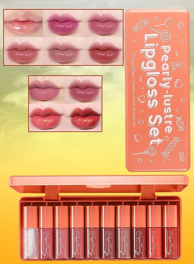 10Pcs Lip Gloss Set Pearly Lustre Lipgloss Lip Oil Moisturizing Hydrating Lip Glow Oil Lip Gloss Kit High Shine Lip Plumping Glass Finish Matte Liquid Lipstick for Women