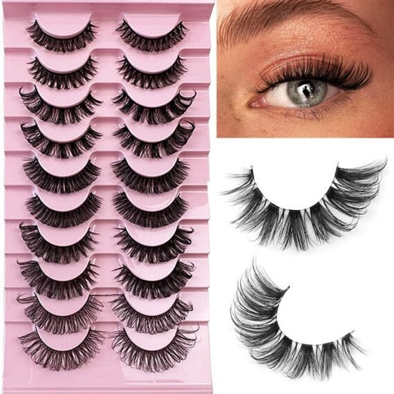 Natural False Eyelashes Mink Lashes Wispy Cat Eye Lashes Reusable Self-Adhesive Eyelashes Fluffy Pack 3D Strip Short Volume Fake Eyelashes 10 Pairs