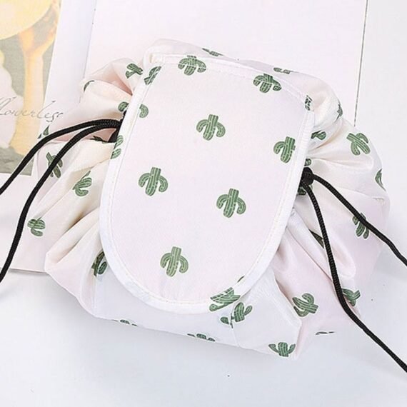 Makeup Bag Drawstring Travel Cosmetic Bag Round Magic Toiletry Beauty Kit Pouch Cactus Print