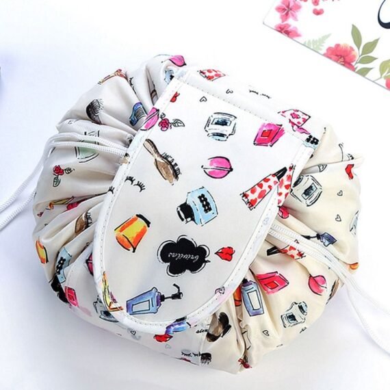 Makeup Bag Drawstring Travel Cosmetic Bag Round Magic Toiletry Beauty Kit Pouch Multicolor Printed