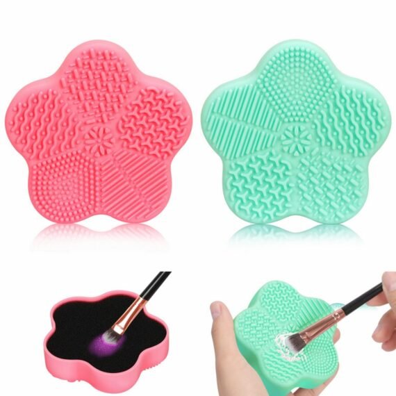 2 Pcs Makeup Brush Cleaning Mat, Cosmetic Brush Cleaning Pad with Color Removal Sponge, 2 in 1 Design Silicone Cleaner Box for Dry Brush Color Switch and Wet Cleaning, Flower Green & Pink