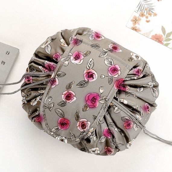 Makeup Bag Drawstring Travel Cosmetic Bag Round Magic Toiletry Beauty Kit Pouch Floral Print