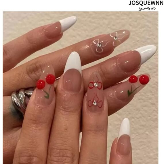 Press On Nails 24pcs, With a cherry and butterfly accents Design, a Set Of 24 Refreshing Art Pieces, Perfect For Both Everyday Wear. Acrylic Nails With Glue Kit.