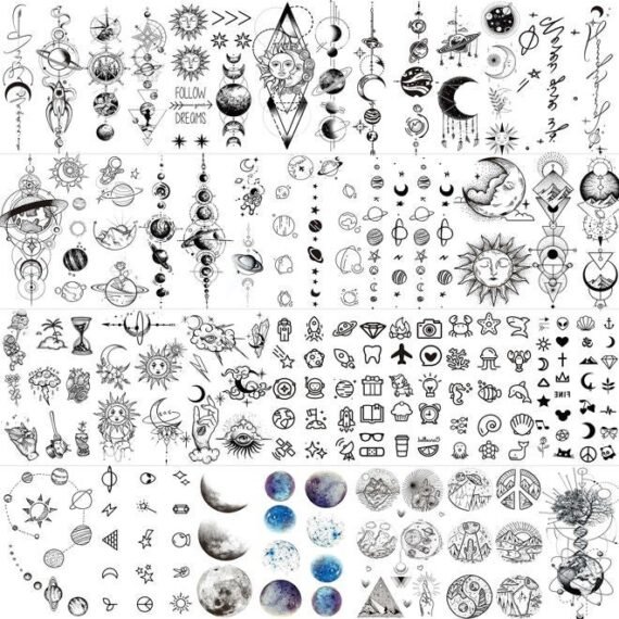 28 Sheets Outer Space Temporary Tattoos For Kids Women Men, 3D Fake Realistic Star Sun Moon Tattoo Stickers Boys Girls, Long Lasting Geometric Planets Universe Tattoos Neck Small Solar System