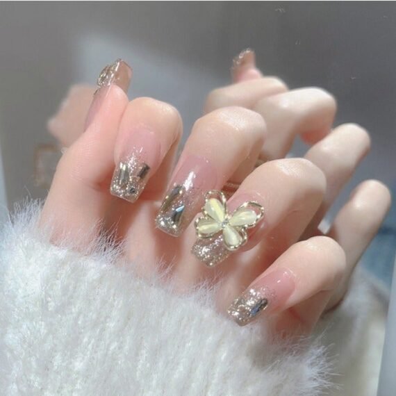 24Pcs Fake Nails, Press Nails, Mid-length Ballet Manicure - Golden Butterfly Manicure - Sparkling Diamond Manicure - Fake Nail Patch
