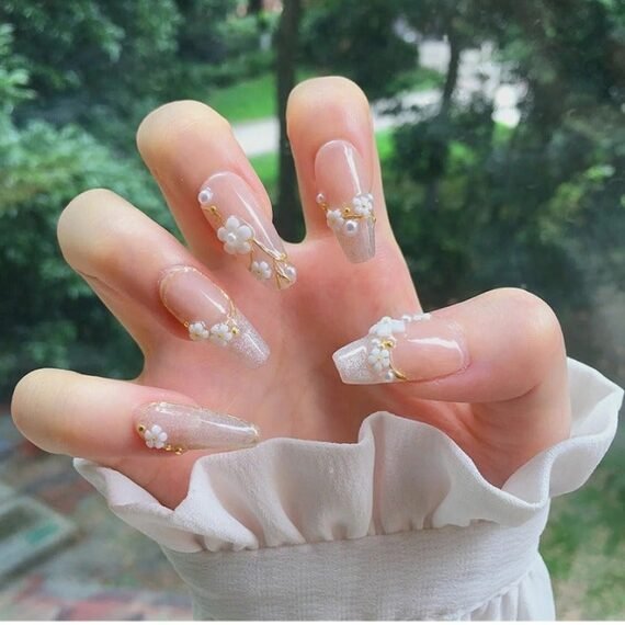 24Pcs Fake Nails, Press Nails, Mid-length Ballet Manicure - Sparkling Gold-edged Diamond Manicure - Sakura Pearl Nail Art - Fake Nail Patch