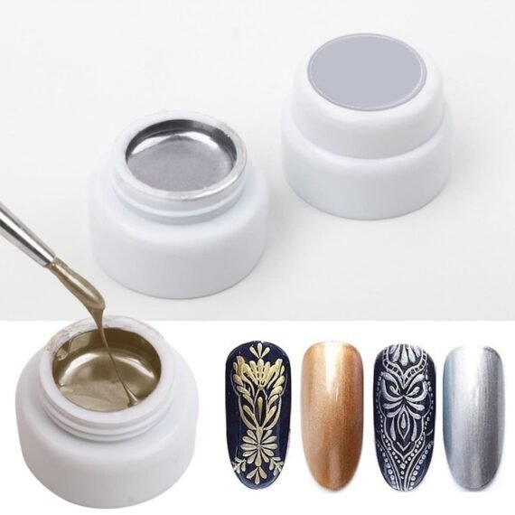 SYOSI 2 Pcs Metallic Painted Nail Gels, Nail Art Creative Elastic Gel Polish Nail DIY Gel Nail Painting Drawing Polish Emboss UV Gel (Gold, Silver)