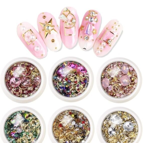 6 Boxes Mixed Nail Art Rhinestones Diamonds Crystals Beads Gems for 3D Nails Art Decoration Nail Art Supplies