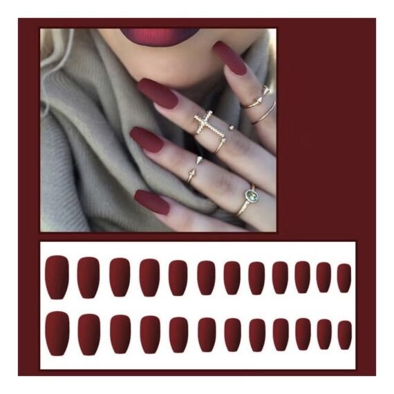 ORiTi 24 Piece Ballerina Pure Color Matte Coffin Nails Set Light wine red