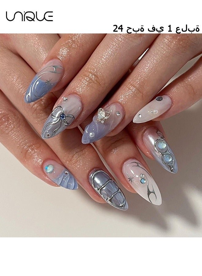24Pcs Fake Nails, Press Nails, Mid-Almond Manicure - Light Blue Silver Starlight Diamond Manicure - 3D Butterfly knot Nail Art - Fake Nail Patch