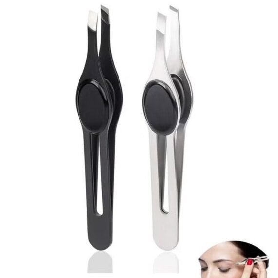 2 PCS Professional Non-Slip Grip Tip Eyebrow Tweezers, Stainless Steel Precision Pointed Blackhead Splinter Removal Tool, for Eyebrow Shaping and Tweezing Facial and Body Hair (Black, Silver)