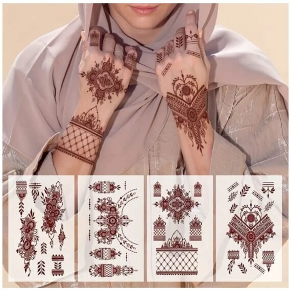 4 Pack Red Henna Temporary Tattoos, Lace & Mandala Floral Patterns, Oblong Body Art Stickers For Hands, Chest, Abdomen, Back