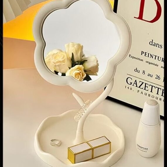 Women Desk Mirror Rotatable Makeup Mirror Tray Table Vanity Mirror, Lovely Flower-Shaped for Tabletop, Bedroom, Bathroom, Living Room