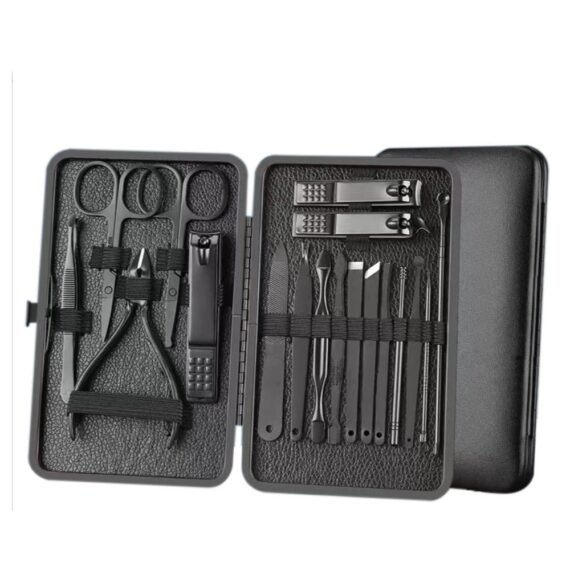 Professional Nail Clippers Set 18 pcs Black Stainless Steel Sharp Nail Trimmer Pedicure and Manicure Set with Cortex Metal Case for Men and Women