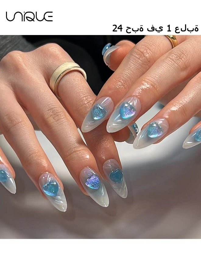24Pcs Fake Nails, Press Nails, Long Almond Manicure - Gradient Blue Water Ripple Manicure - 3D Heart Manicure - Fake Nail Patch