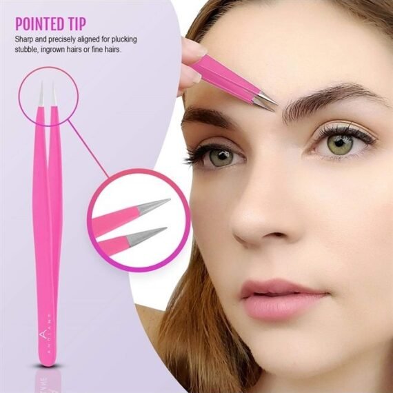 Tweezers Set - Professional Stainless Steel 5-Piece Precision Tweezer for Men & Women - Great for Facial Hair Removal, Eyebrow Shaping, Splinters & Ingrown (Pink)