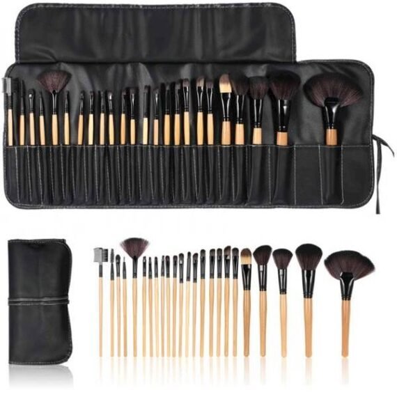 24-Piece Make Up Brush Set With Roll-Up Carrying Case Black/Beige/Brown